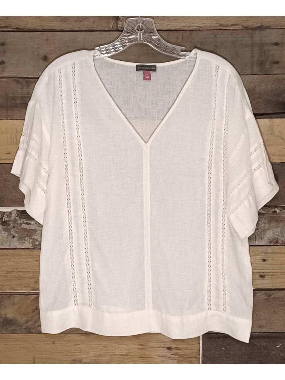Cream Linen Crochet-Trim Elbow Sleeve V-Neck Pullover Vince Camuto Blouse Top